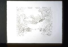 At the center of this print is an image that shows a nude woman lying on her stomach and propped up on her elbows. She is surrounded by various foliage; leaves, grasses, and flowers. The print is numbered, titled, signed and dated in pencil below the plate margin "7/20 Garden II April Foster c 1985".