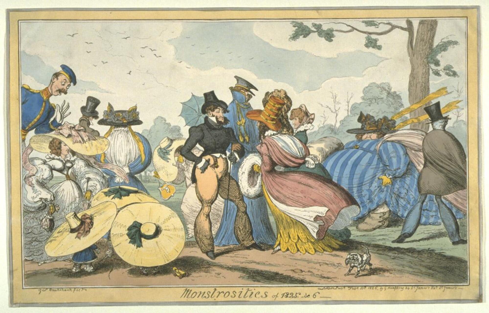 Fashionable figures promenading on a windy day are arrayed in a shallow, congested space across the image field. The blustery wind accents the wind-whipped broad straw hats, ribbons, and skirts of the women, rendering some of them faceless. Three children at the lower left appear as mushrooms while the woman in white behind them has an improbably pinched waistline.