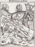 A haloed man is attached to a plank in the foreground of the composition. A male figure positioned behind him holds a knife to his knee while a male figure in front of him holds a knife to his wrist. A figure dressed like a church father stands watching over the scene on the right. <br />