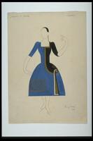 This vertical drawing is a costume design. The dress has a square neck, elbow-length sleeves, and a full, knee-length skirt. It is blue except for the right side of the torso and top of the hip which are black. A wide horizontal band of gold lattice appears on the left side of the skirt. 