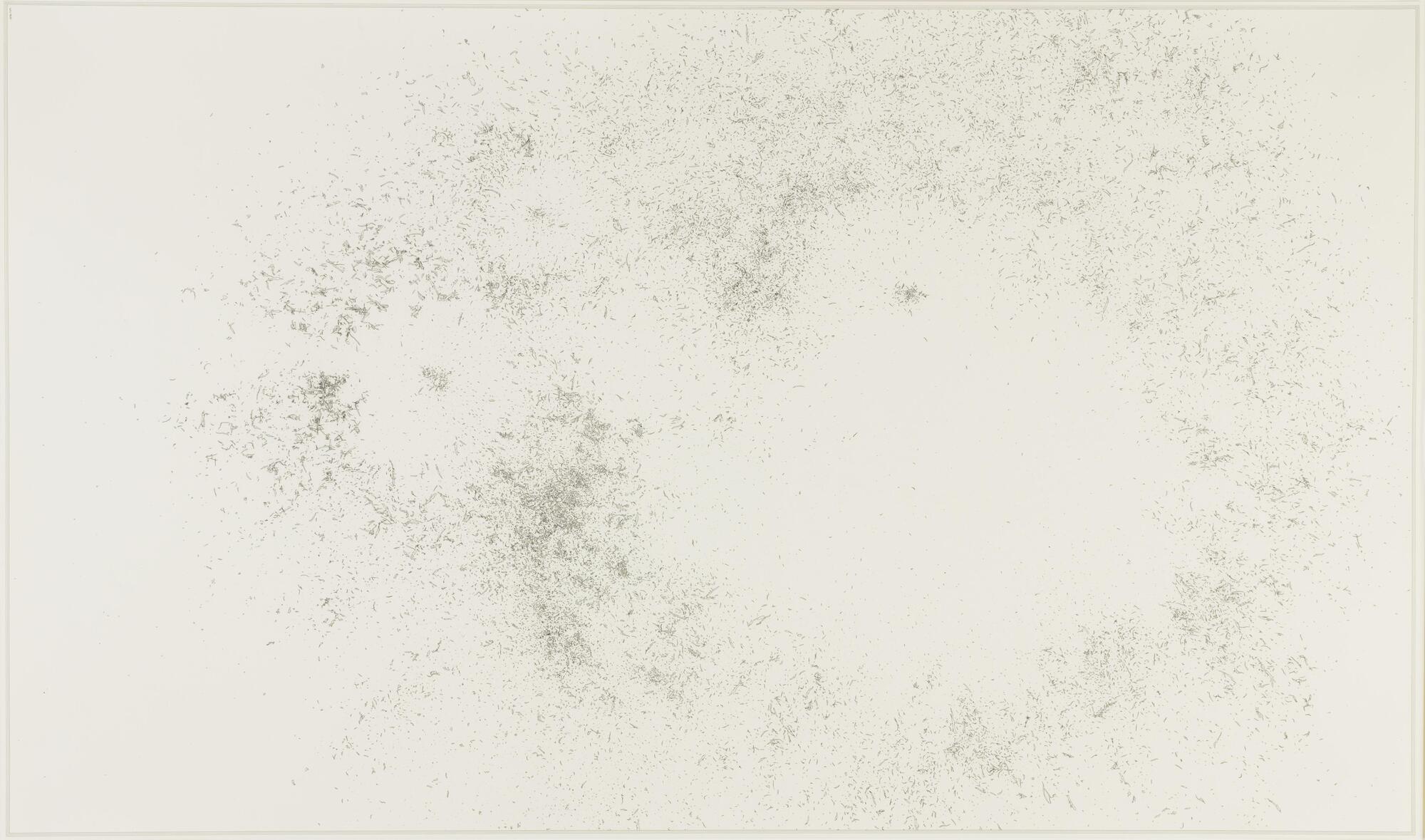 This drawing has a series of marks and small objects drawn into an amorphous shape of two spheres, one small, on the left and one larger, on the right. The print is signed and dated in pencil (u.l.) "EC 08".