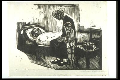 A woman sits on the edge of a bed in which a figure lays. A child stands next to the woman. A chair with a bag on it sits in the right bottom corner.