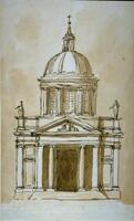 The sketch for a church is presented with the view towards the door.  The church has a portico entrance with columns and and pediment.  Above that his a high glazed drum supporting the dome.  Atop the dome is a lantern and cross.  At the ends of the entableture are sculptures of standing figures.  The sides of the stucture appear to be quite shallow, suggesting that the church is a short-armed Greek cross or even round in plan.