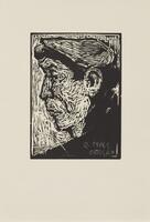 This woodblock print depicts the face of a man in profile. He is wearing a low, flat hat and the left side of his face is visible. The print is numbered and signed (l.c.) "2 Pepe Ortega" in pencil.
