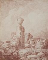 A red crayon drawing of a man contemplating antique ruins.