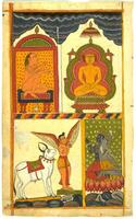 A nude monk on the top left sits before a Jina at top right. Three Hindu gods, Harihara, Garuda, and Nandi venerate the Jina in the bottom registers.