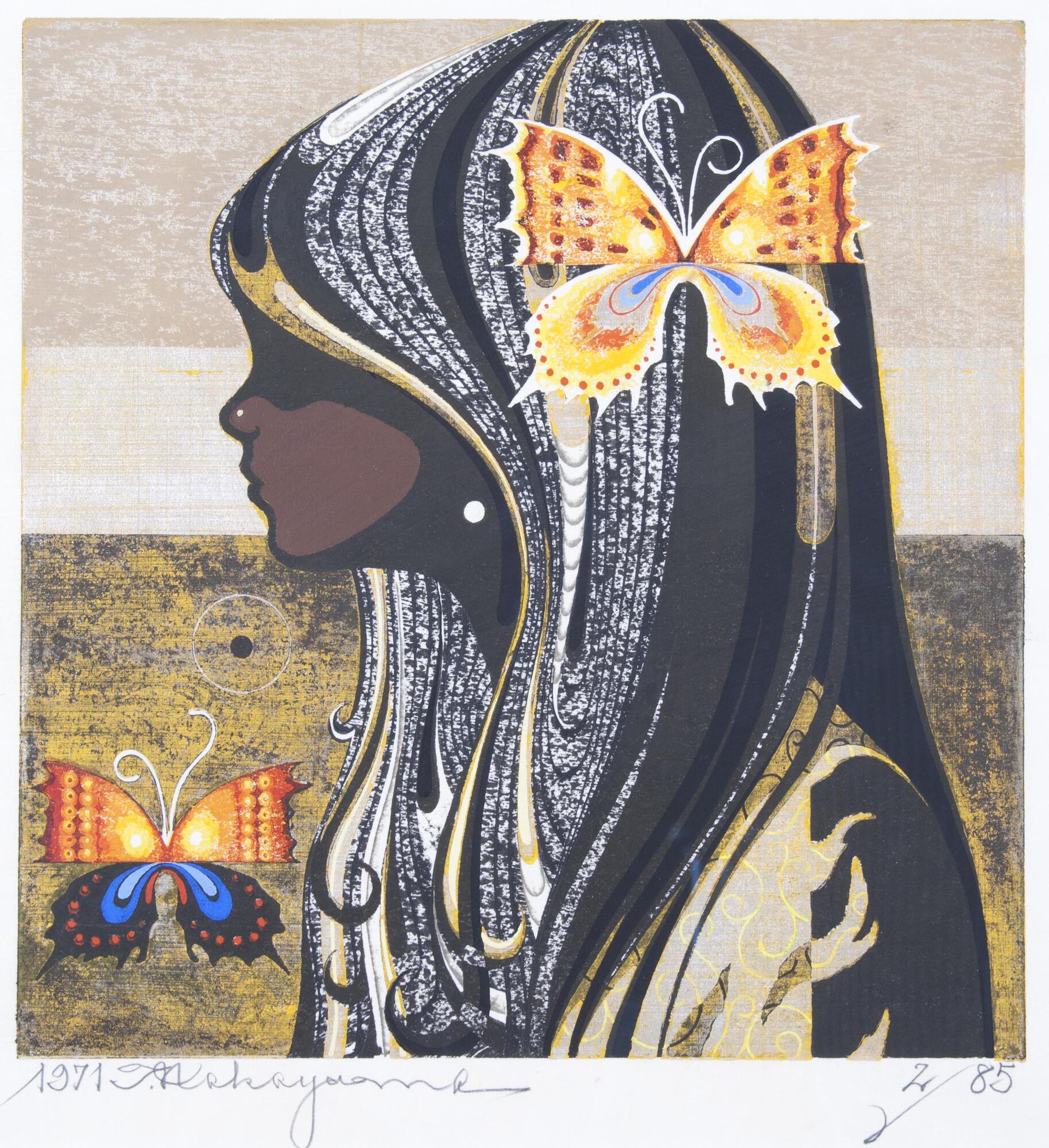 A girl with her head and body in profile, her hair is black with strands of white and tan highlights. Her clothing is tan and black with designs. There is an orange and yellow butterfly in her hair and another orange, black, and blue butterfly towars the bottom of the page.