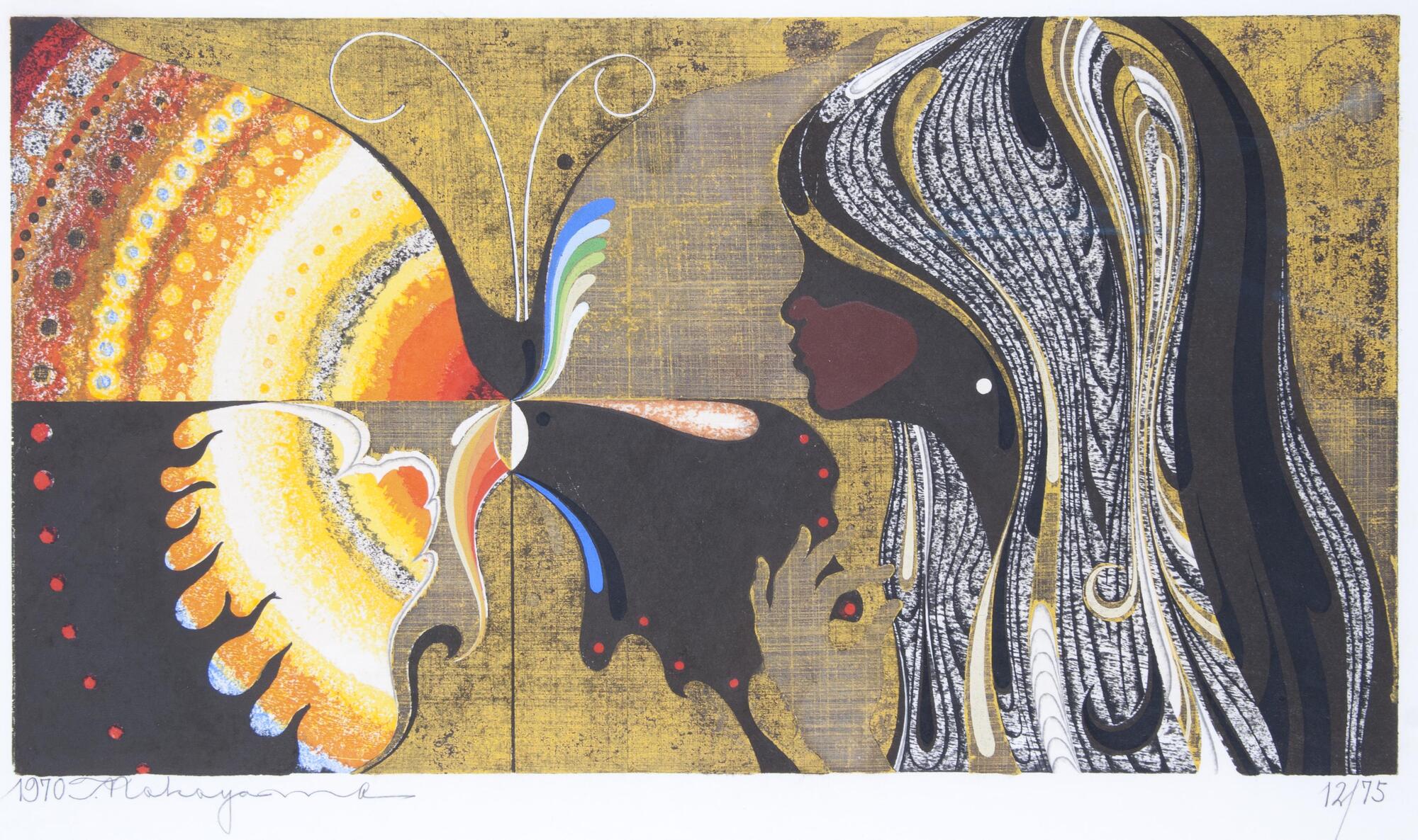 A girl with her head in profile, her black hair is highlighted with white and gold strands. Her hand is held in front of her. Next to her is a large brown, tan, red, and yellow butterfly with abstract design on its wings.