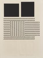This print has a series of geometric shapes and patterns in black and white. At the top are two rectangles in black, and below there are a series of dashes in alternating grid patters that create one large and two smaller rectangular shapes. At the bottom of the print are two white rectangles, in relief. The print is numbered and signed (l.r.) "39/75 -Vasarely-" in pencil.