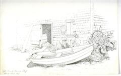A drawing of a boat resting against a wooden shed and garden.<br /><br />
Eva Caston 2017