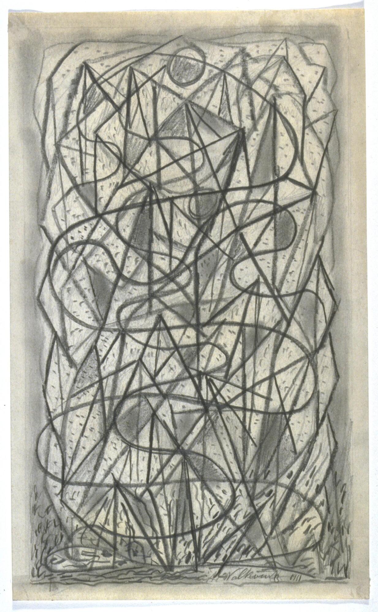 This is an abstract composition of loose, overall, intersecting lines. Some are rounded squiggles, others are straight, and a circle appears at the top. 
