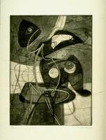 This abstract print has a series of overlapping lines, emphasized by shading. Created in a variety of techniques, the shading creates an incoherent system of depth, as well as a variety of textures. At the top left, there is an anthropomorphic face. The print is sighed and dated (l.r.) "S W Hayter 47" and numbered (l.l.) "57/70" in pencil.