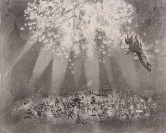 A monochromatic scene with many small human figures in the bottom half of the image and what looks like an explosion of light in the upper half. A larger human-like figure surrounded in black shapes hovers at the center of the image with its mouth open as though calling to the people below.