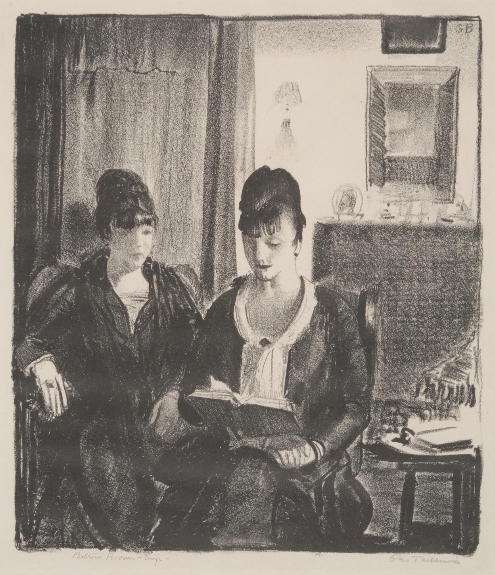 Two women seated, one reading to the other. Both wearing long formal dresses.