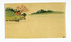 This is a drawing of a landscape. There is green grass in the distance with green plants; on the left there is a red structure and a tree with pink leaves.This drawing is on tan paper.