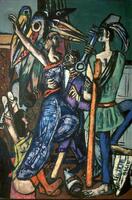 <p>Interior composition with male and female dancers positioned at center with seated female at lower left, standing male on crutches at right and a group of birds in the leftmost background.</p>
