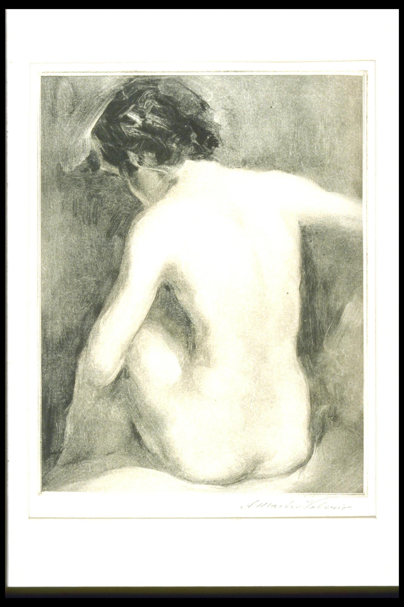 This monotype depicts the back of a nude woman. She is sitting down, and we can see her arms, part of her left leg and part of the left side of her face. The woman casts some dark shadows on the left and under her right arm.