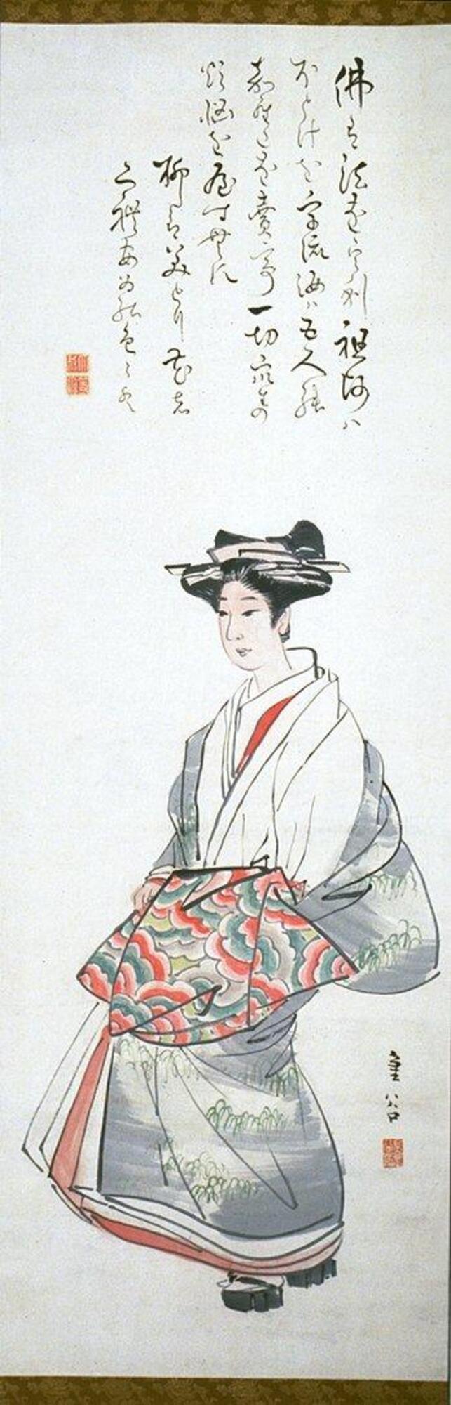 A colored image of a single woman at the center of the scroll. She appears to be seated though there is nothing beneath her. Her kimono is grey with green grass designs and her under kimono is white. Her obi is a red and green stylized design. Above her head is an inscription.