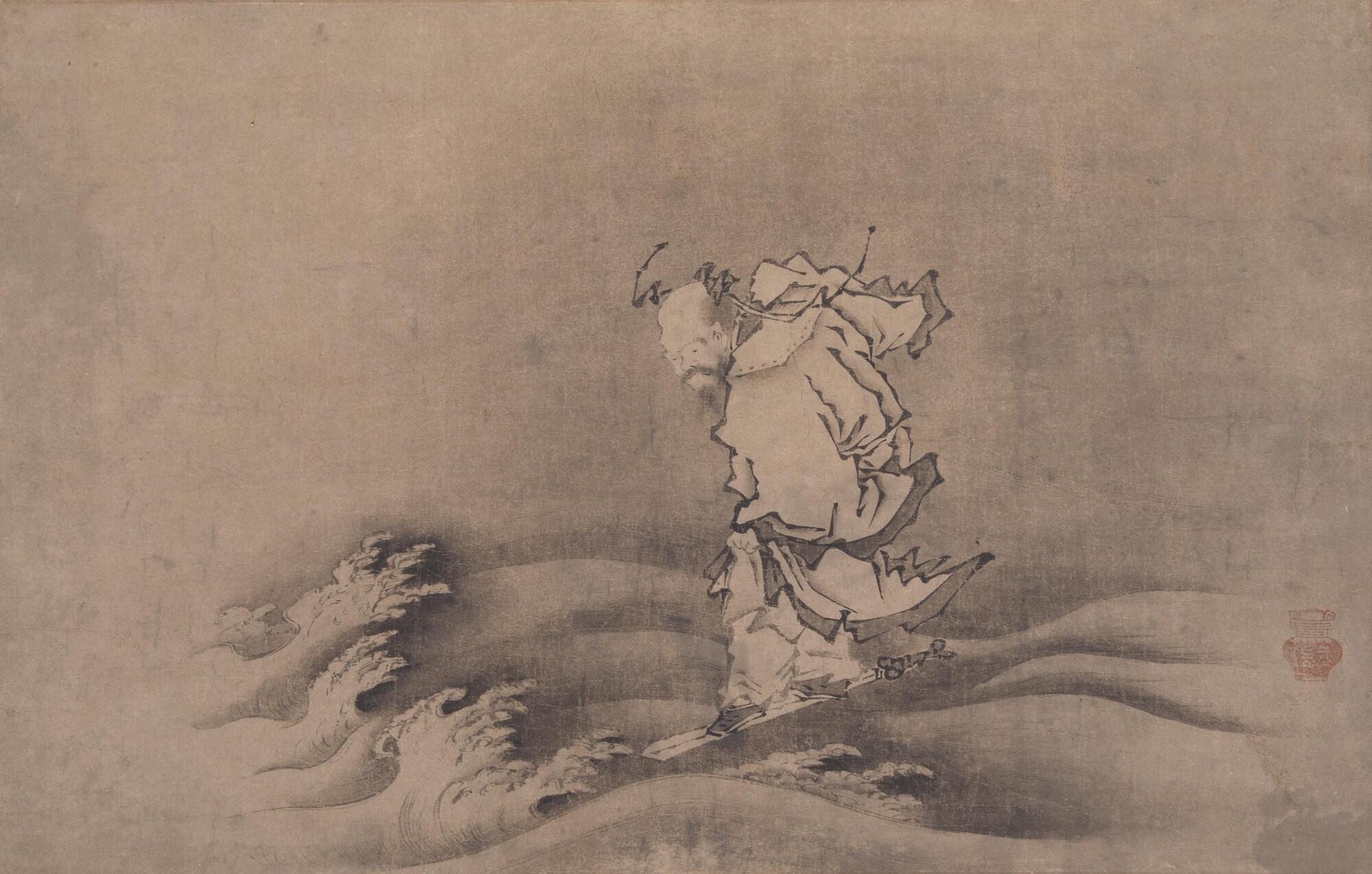 This painting shows a scholar that is riding with his feet on a sword across waves. There is a seal on the lower right corner of the painting that reads Motonobu, referring to Kan&ocirc; Motonobu.<br />
<br />
&nbsp;