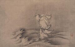 This painting shows a scholar that is riding with his feet on a sword across waves. There is a seal on the lower right corner of the painting that reads Motonobu, referring to Kan&ocirc; Motonobu.<br />
<br />
&nbsp;