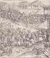 This woodcut features a multitude of armored figures, some of which are on horseback, engaged in a battle with swords and lances in a hilly countryside. Two cannons are arranged on the lower right in the foreground and one cannon is being manipulated by a figure in the lower left corner of the composition. Various flags are included in the image including one with a Burgundian cross. In the distance of the scene there is a walled town with mountains positioned behind it.<br />
