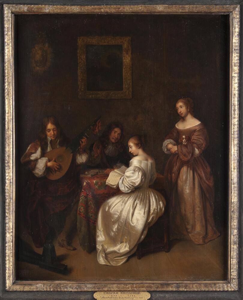 A panel portrait of two men and two women. One man plays a mandolin while the other watches one of the women. The woman he is watching is standing by the table and holding a dog. The second woman is sitting next to the mandolin player and reading.