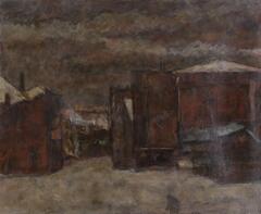 Oil painting of a factory scene. Shades of red, brown, and grey with lighter colored roofs and ground.