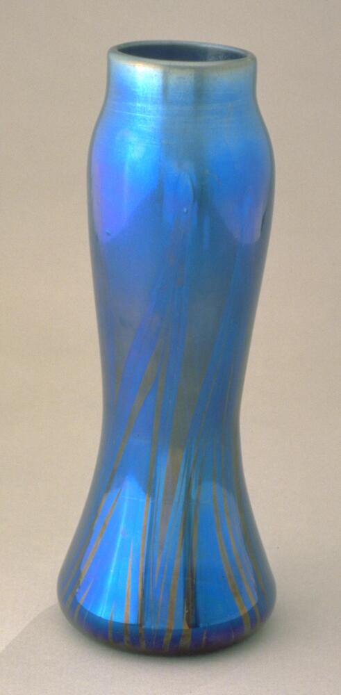 irridescent blue vase with large mouth and large flared foot