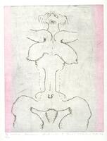 This etching depicts a distorted image of a nude woman. There is pinkish coloration on the left and right borders of the print. The print is titled, numbered, signed and dated in pencil at the bottom of the print.