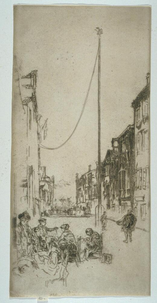 A long street recedes at the center of the image. In the center is a flagpole surmounted by a winged lion (symbol of St. Mark, and therefore of Venice). In the foreground at lower left is a group of women seated working together making lace. Other than a man and boy at the right of the flagpole, the street is largely empty.