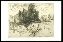 This is a scene of a riverbank. The water is calm, bathing children appear on the grass on the bank, on the right side of the image. In the center of the print there is a large cluster of trees. Buildings are visible in the background on either side of the cluster of trees.