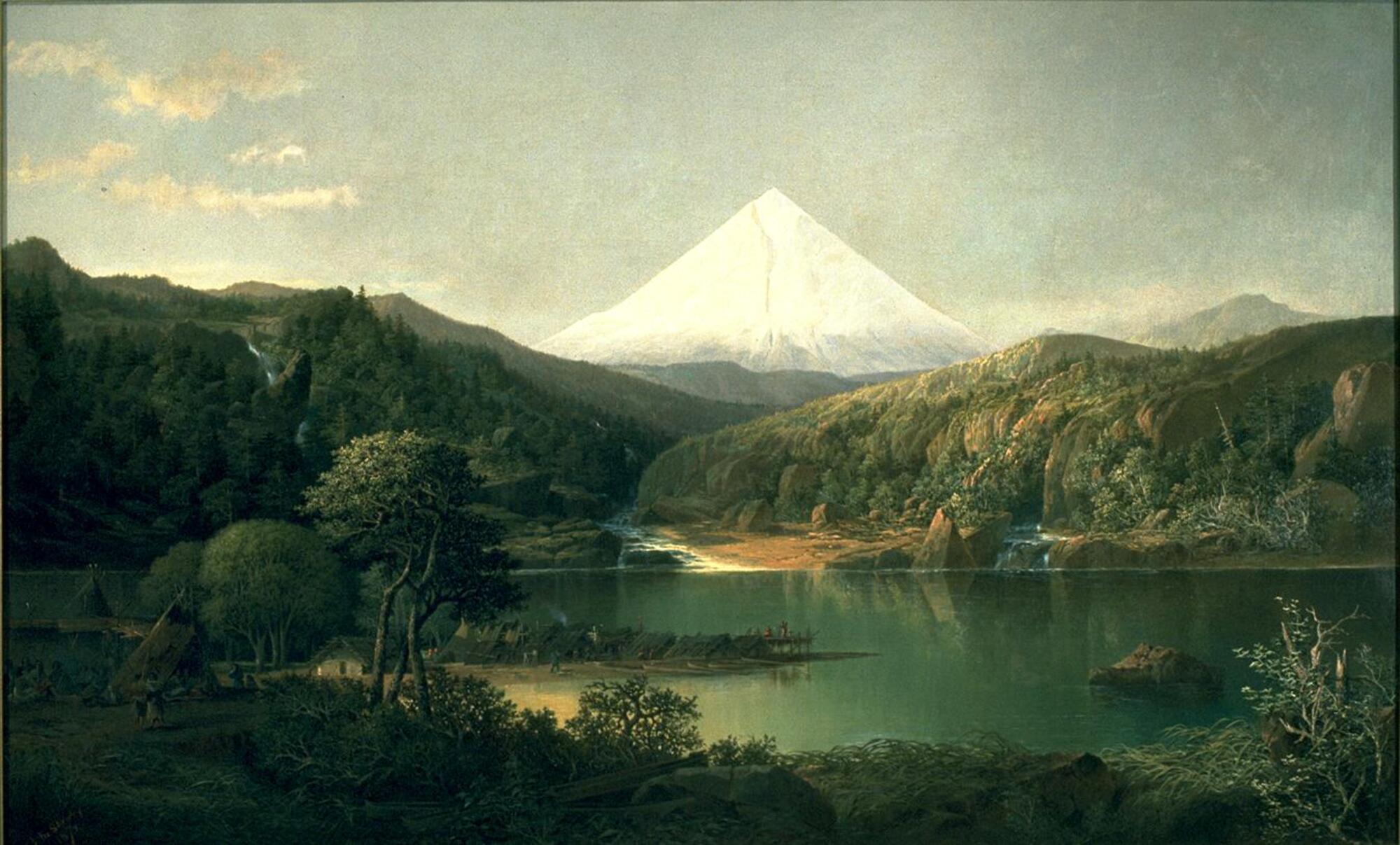 Landscape painting with white mountain peak in center background, body of water in foreground, and a Native American encampment to left.