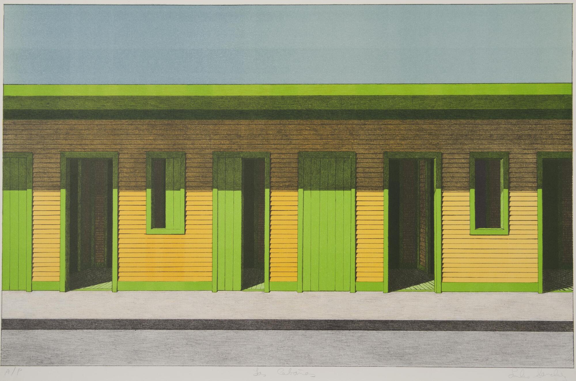 A color lithograph depicts a yellow and green house with rooms on the side.
