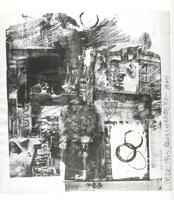 In this montage of a print, photographs and swaths of dark ink in varying thicknesses are layered over each other. In the lower left there are three overlapping rings, elsewhere there are figures.