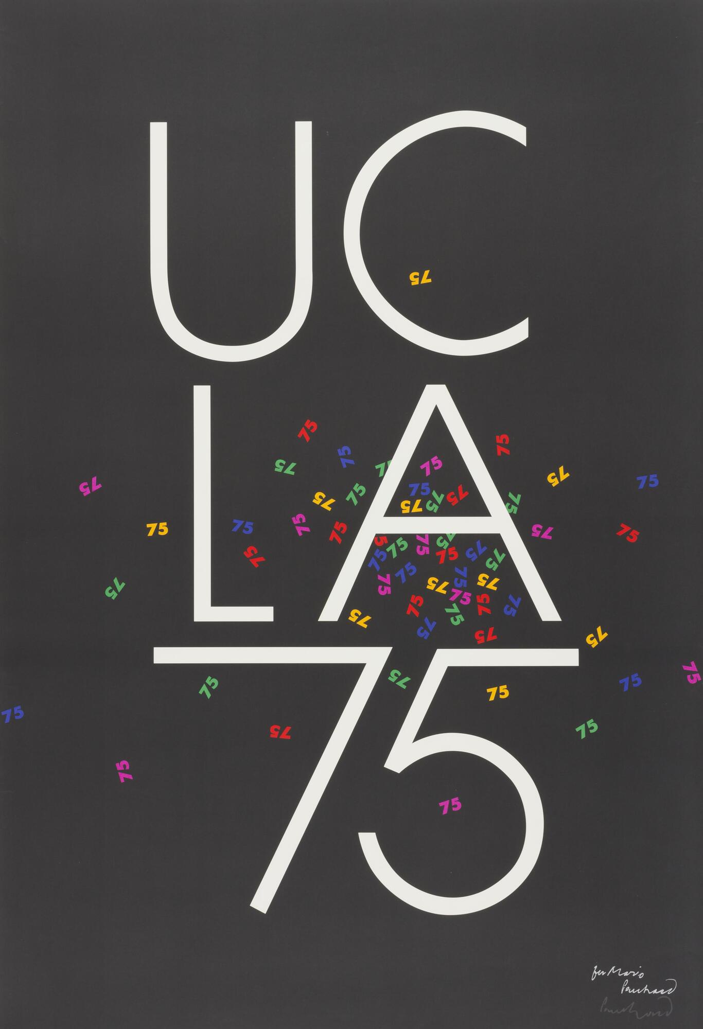 A poster reading &#39;UCLA 75&#39; in large, white, stacked formation. &#39;75&#39; appears in smaller text, and various colors, repeatedly and in a jumbled formation