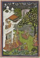 Fresh greens for the foliage and dark blue clouds sprinkled with lightning set the rain celebration scene.  Court ladies have gathered on the lawn, and some swing under a blossoming tree, while the raja and a woman watch the exciement below from a balcony of his white palace.
