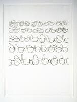 At the top center of this print are five rows of different styles of black eyeglasses. The print is numbered (l.l.) "14.50" and signed and dated (l.r.) "Thiebaud 1971" in pencil.