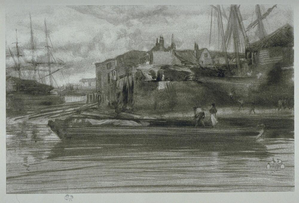 Seen from the water, which dominates the foreground, a barge with a standing man and woman occupy the middle distance. Beyond to the left a three-masted ship is in dry-dock, separated from other buildings and activities on the right by a small inlet of water. Behind the barge to the right is a complex of clapboard buildings; at the far right is another sailing ship pulled out of water. A group of men with flaming torches are tarring the exterior of the hull. This is a view of a busy dockyard along the river Thames under a blustery, cloudy sky.