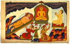 Multi-colored ink on paper. Prominent reds, yellows and blues. Six figures, three smaller (clothed), three larger (nude or semi-nude). Scene of worship.