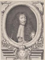 This print depicts an oval frame that contains a frontal bust-length portrait of a man with his head in three-quarter profile against a black background. The man wears an elaborate and stiff lace cravat but most remarkable is his flowing head of long, curly hair, which is very finely rendered. The frame rests atop a sculptural base with a coat of arms decorated with three fleurs-de-lys.