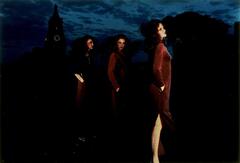 This work is a color photograph of three women standing outside at night, each facing toward the right side of the frame. The women descend into the background from right to left. The subjects conform to a type, with similar body structure, hair style and hair color. The red velvet of their dresses, one with a navy overcoat, contrasts against the deep blue hues of the background.