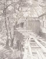 This black and white lithograph gives the illusion that it was rendered in pencil. It depicts a building on the right of the composition with a series of wooden planks attached to the structure extending into the foreground. On the left there are large trees. The entire composition appears to be infused with sunlight.<br />