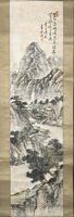 This is a hanging scroll depicting a nature scene of mountains, a river, and trees. Painted in ink and color, the scene follows the river as the guiding path throughout the painting until it reaches the mountains in the upper third of the painting. There appears to be a small figure in the bottom left walking along the riverside path. As the river snakes to the mountains, there is a bridge that connects the two sides.&nbsp; On the upper right side of the painting are four lines of inscription. To the upper right are two seals and on the bottom left directly following the inscription are two more seals.&nbsp;