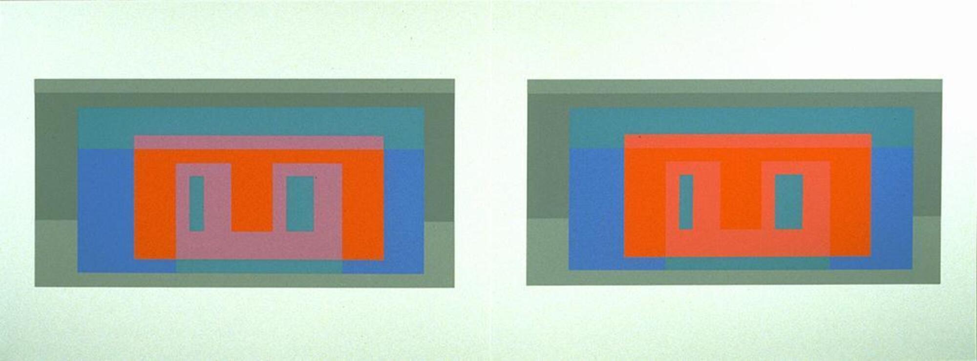 Two rectangles are on a long, horizontal white piece of paper, with rectangles embedded in them in blues, oranges and purples.