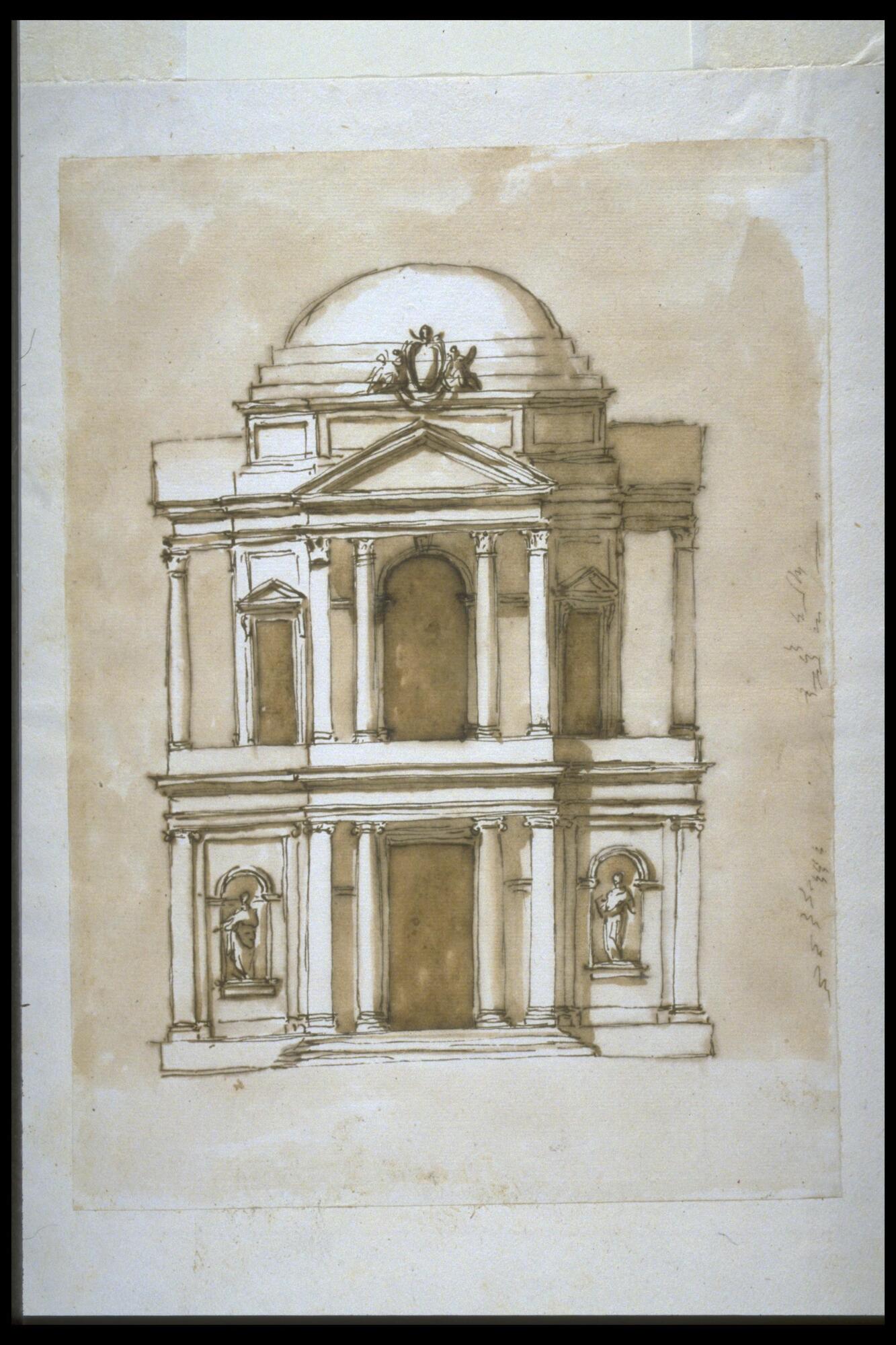 This drawing presents a frontal view of a small two-story church.  The first level has a portico entrance flanked by statues in niches.  Above the portico continues into the second level and is surmounted by a pediment.  Above the second level is a shallow dome on a low drum.