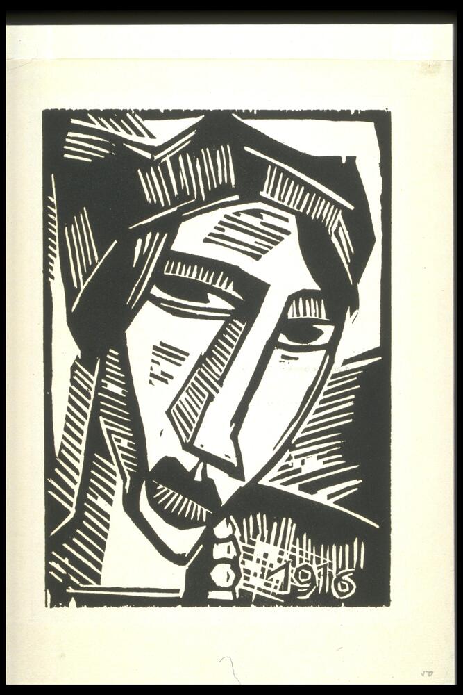 A monumentally stylized head of a woman. Her head is tilted slighty to the viewer&#39;s right. Her eyes, nose, and lips are large and almost mask-like. She appears to be wearing a hat of a modern style. Shading is executed with powerful parallel lines and cross-hatching. The year of the work&#39;s execution, 1916, appears in the lower right.