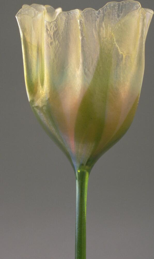 This vase is in the form of a flower. The &quot;petals&quot; of the vessel are of folded iridescent glass in shades of gold, pink, and green. The slender green &quot;stem&quot; continues to the base, also in green glass.