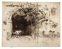 A dark passageway dominates the middle and left portions of the composition; to the right is a group of men seated outside at a table. The passageway has a view at the far end of a man seated while a gondola passes by. In front of the passageway are three young trees, the leaves of which fall in front of the passageway. To the left of the passageway is a child holding a baby. On either side of the passageway are windows that indicate the walls that fill the plate.