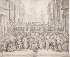 This etching depicts a vast and lively gathering of figures around a large banquet table in the foreground accompanied by other crowds of figures throughout the composition. The scene takes place in an outdoor setting surrounded by classical architecture that recedes perspectivally in the distance.