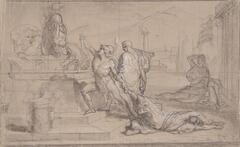 A preparatory drawing squared for transfer depicting nude and classically draped figures in various poses in an outdoor setting before an altar.